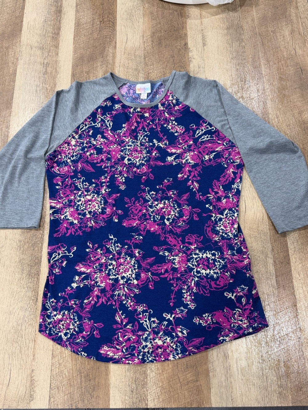 LuLaRoe Navy & Purple Floral Raglan Top